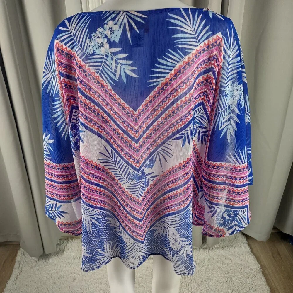 Ruby Rd Women's Blue, Pink, Tropical Chevon Chiffon Poncho Blouse, Top Size 2X - Picture 5 of 10